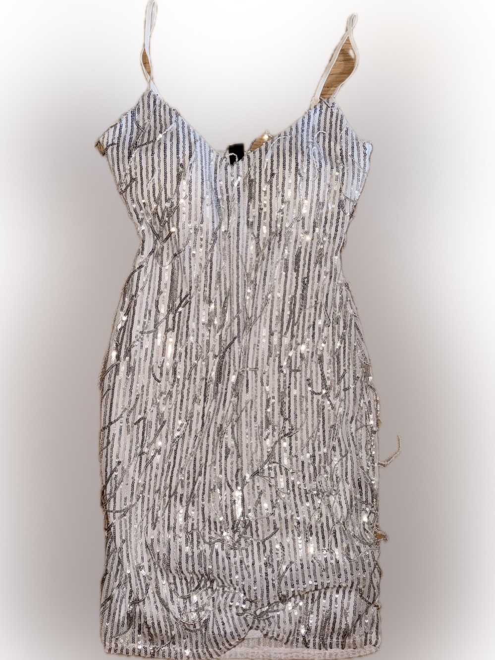 Sequin-Embellished White & Silver Fringy Dress